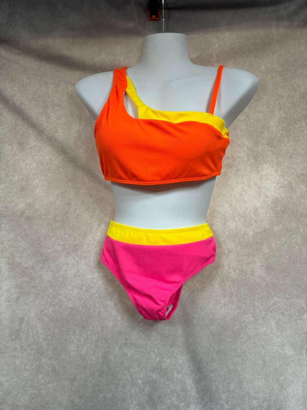 Asymmetrical Colorblock Kids Bikini - Orange, Yellow & Pink